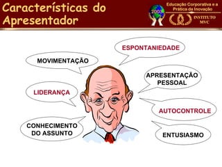 Características do
Apresentador

                     ESPONTANIEDADE

      MOVIMENTAÇÃO

                          APRESENTAÇÃO
                             PESSOAL
     LIDERANÇA


                             AUTOCONTROLE

    CONHECIMENTO
     DO ASSUNTO               ENTUSIASMO
 