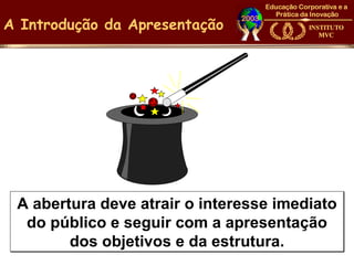 A Introdução da Apresentação




 A abertura deve atrair o interesse imediato
  do público e seguir com a apresentação
        dos objetivos e da estrutura.
 