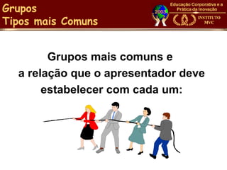 Grupos
Tipos mais Comuns


        Grupos mais comuns e
  a relação que o apresentador deve
       estabelecer com cada um:
 