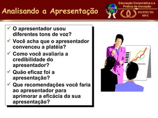 Analisando a Apresentação

  O apresentador usou
   diferentes tons de voz?
  Você acha que o apresentador
   convenceu a platéia?
  Como você avaliaria a
   credibilidade do
   apresentador?
  Quão eficaz foi a
   apresentação?
  Que recomendações você faria
   ao apresentador para
   aprimorar a eficácia da sua
   apresentação?
 