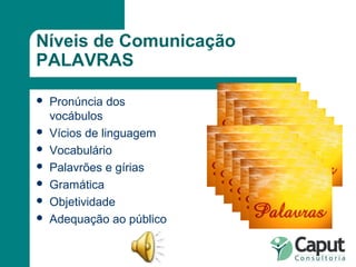 Níveis de Comunicação PALAVRAS Pronúncia dos vocábulos Vícios de linguagem Vocabulário Palavrões e gírias  Gramática  Objetividade Adequação ao público 