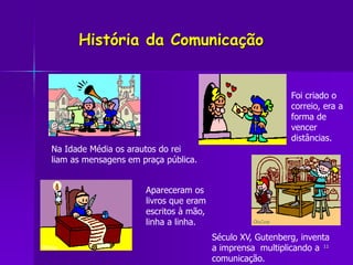 11
História da Comunicação
Na Idade Média os arautos do rei
liam as mensagens em praça pública.
Foi criado o
correio, era ...
