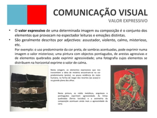COMUNICAÇÃO VISUAL
                                                                                      VALOR EXPRESSIVO
•   O valor expressivo de uma determinada imagem ou composição é o conjunto dos
    elementos que provocam no espectador leituras e emoções distintas.
•   São geralmente descritos por adjectivos: assustador, violento, calmo, misterioso,
    etc.
    Por exemplo: o uso predominante da cor preta, de sombras acentuadas, pode exprimir numa
    imagem o valor misterioso; uma pintura com objectos pontiagudos, de arestas agressivas e
    de elementos quebrados pode exprimir agressividade; uma fotografia cujos elementos se
    distribuem na horizontal exprime o valor de calma.
                           Nesta colagem, os elementos expressivos que nos
                           transmitem a ideia de mistério encontram-se na cor
                           predominante (preto), na pouca evidência do rosto
                           humano, na forma de rasgar dos recortes (ao acaso) e
                           no grande plano dos olhos.




                                  Nesta pintura, os robôs metálicos, angulosos e
                                  pontiagudos exprimem agressividade. As linhas
                                  quebradas (ferros torcidos) e a assimetria da
                                  composição acentuam ainda mais a agressividade da
                                  cena.
 