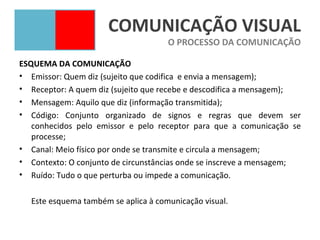 COMUNICAÇÃO VISUAL
                                     O PROCESSO DA COMUNICAÇÃO

ESQUEMA DA COMUNICAÇÃO
• Emissor: Quem diz (sujeito que codifica e envia a mensagem);
• Receptor: A quem diz (sujeito que recebe e descodifica a mensagem);
• Mensagem: Aquilo que diz (informação transmitida);
• Código: Conjunto organizado de signos e regras que devem ser
   conhecidos pelo emissor e pelo receptor para que a comunicação se
   processe;
• Canal: Meio físico por onde se transmite e circula a mensagem;
• Contexto: O conjunto de circunstâncias onde se inscreve a mensagem;
• Ruído: Tudo o que perturba ou impede a comunicação.

  Este esquema também se aplica à comunicação visual.
 