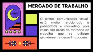 O termo “comunicação visual”
está muito relacionado à
publicidade e marketing, pois
essas são áreas do mercado de
trabalho que se utilizam
grandemente dessa linguagem.
 
