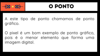 A este tipo de ponto chamamos de ponto
gráfico.
O pixel é um bom exemplo de ponto gráfico,
pois é o menor elemento que forma uma
imagem digital.
 