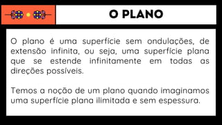 O plano é uma superfície sem ondulações, de
extensão infinita, ou seja, uma superfície plana
que se estende infinitamente em todas as
direções possíveis.
Temos a noção de um plano quando imaginamos
uma superfície plana ilimitada e sem espessura.
 
