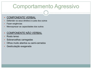 Comportamento Agressivo
 COMPONENTE VERBAL
 Defender os seus direitos á custa dos outros
 Fazer exigências
 Menosprezar as capacidades dos outros


 COMPONENTE NÃO VERBAL
 Rosto tenso
 Sobrancelhas carregadas
 Olhos muito abertos ou semi-cerrados
 Gesticulação exagerada
 