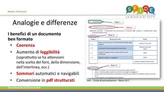 Fieramilanocity 23-25 marzo 2018
I benefici di un documento
ben formato
• Coerenza
• Aumento di leggibilità
(soprattutto se ha attenzioni
nella scelta del font, della dimensione,
dell’interlinea, ecc.)
• Sommari automatici e navigabili
• Conversione in pdf strutturati
Analogie e differenze
Alberto Ardizzone
RAV – Guida all’autovalutazione – Marzo 2017
 