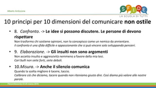 Fieramilanocity 23-25 marzo 2018
• 8. Confronto. -> Le idee si possono discutere. Le persone di devono
rispettare
Non trasformo chi sostiene opinioni, non lo concepisco come un nemico da annientare.
il confronto è una sfida difficile e appassionante che si può vincere solo sviluppando pensieri.
• 9. Elaborazione. -> Gli insulti non sono argomenti
Non accetto insulto e aggressività nemmeno a favore della mia tesi.
Cari bulli non siete forti, siete deboli.
• 10.Misura. -> Anche il silenzio comunica
Quando la scelta migliore è tacere, taccio.
Calibrare ciò che diciamo, tacere quando non riteniamo giusto dire. Così diamo più valore alle nostre
parole.
10 principi per 10 dimensioni del comunicare non ostile
Alberto Ardizzone
 