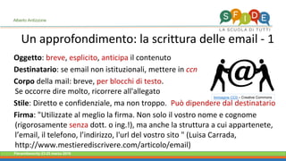 Fieramilanocity 23-25 marzo 2018
Oggetto: breve, esplicito, anticipa il contenuto
Destinatario: se email non istituzionali, mettere in ccn
Corpo della mail: breve, per blocchi di testo.
Se occorre dire molto, ricorrere all'allegato
Stile: Diretto e confidenziale, ma non troppo. Può dipendere dal destinatario
Firma: "Utilizzate al meglio la firma. Non solo il vostro nome e cognome
(rigorosamente senza dott. o ing.!), ma anche la struttura a cui appartenete,
l’email, il telefono, l’indirizzo, l'url del vostro sito " (Luisa Carrada,
http://www.mestierediscrivere.com/articolo/email)
Un approfondimento: la scrittura delle email - 1
Alberto Ardizzone
Immagine CC0 – Creative Commons
 