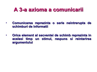 Comunicarea reprezinta o serie neintrerupta de schimburi de informatii Orice element al secventei de schimb reprezinta in acelasi timp un stimul, raspuns si reintarirea argumentului A 3-a axioma a comunicarii 