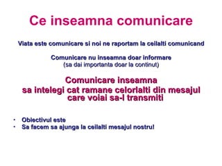 Ce inseamna comunicare Viata este comunicare si noi ne raportam la ceilalti comunicand Comunicare nu inseamna doar informare (sa dai importanta doar la continut) Comunicare inseamna sa intelegi cat ramane celorlalti din mesajul care voiai sa-l transmiti Obiectivul este  Sa facem sa ajunga la ceilalti mesajul nostru! 