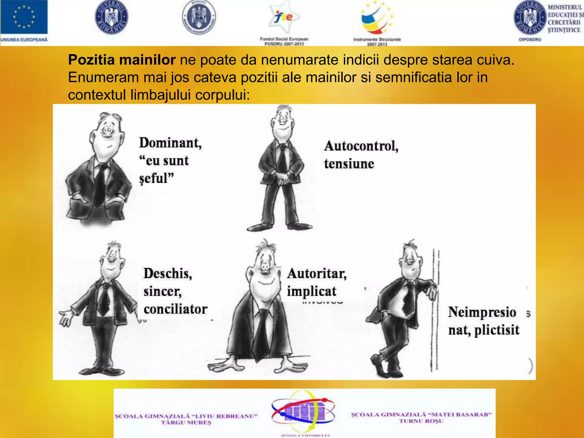 Pozitia mainilor ne poate da nenumarate indicii despre starea cuiva.
Enumeram mai jos cateva pozitii ale mainilor si semnificatia lor in
contextul limbajului corpului:
 