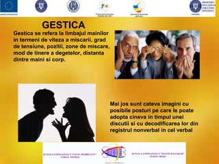 Gestica se refera la limbajul mainilor
in termeni de viteza a miscarii, grad
de tensiune, pozitii, zone de miscare,
mod de tinere a degetelor, distanta
dintre maini si corp.
GESTICA
Mai jos sunt cateva imagini cu
posibile posturi pe care le poate
adopta cineva in timpul unei
discutii si cu decodificarea lor din
registrul nonverbal in cel verbal
 