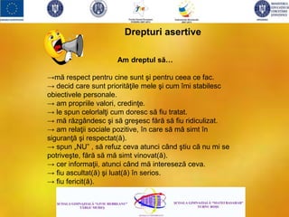 Drepturi asertive
Am dreptul să…
→mă respect pentru cine sunt şi pentru ceea ce fac.
→ decid care sunt priorităţile mele şi cum îmi stabilesc
obiectivele personale.
→ am propriile valori, credinţe.
→ le spun celorlalţi cum doresc să fiu tratat.
→ mă răzgândesc şi să greşesc fără să fiu ridiculizat.
→ am relaţii sociale pozitive, în care să mă simt în
siguranţă şi respectat(ă).
→ spun „NU” , să refuz ceva atunci când ştiu că nu mi se
potriveşte, fără să mă simt vinovat(ă).
→ cer informaţii, atunci când mă intereseză ceva.
→ fiu ascultat(ă) şi luat(ă) în serios.
→ fiu fericit(ă).
 