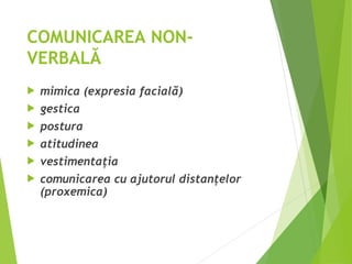 COMUNICAREA NON-
VERBALĂ
 mimica (expresia facială)
 gestica
 postura
 atitudinea
 vestimentaţia
 comunicarea cu ajutorul distanţelor
(proxemica)
 