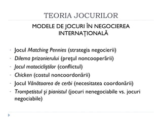 TEORIA JOCURILOR
MODELE DE JOCURI ÎN NEGOCIEREA
INTERNAŢIONALĂ
- Jocul Matching Pennies (strategia negocierii)
- Dilema prizonierului (preţul noncooperării)
- Jocul motocicliştilor (conflictul)
- Chicken (costul noncoordonării)
- Jocul Vânătoarea de cerbi (necesitatea coordonării)
- Trompetistul şi pianistul (jocuri nenegociabile vs. jocuri
negociabile)
 