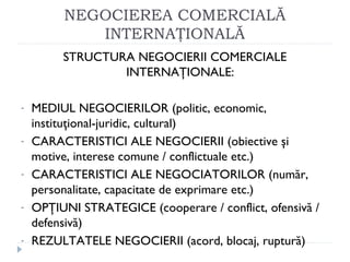 NEGOCIEREA COMERCIALĂ
INTERNAŢIONALĂ
STRUCTURA NEGOCIERII COMERCIALE
INTERNAŢIONALE:
- MEDIUL NEGOCIERILOR (politic, economic,
instituţional-juridic, cultural)
- CARACTERISTICI ALE NEGOCIERII (obiective şi
motive, interese comune / conflictuale etc.)
- CARACTERISTICI ALE NEGOCIATORILOR (număr,
personalitate, capacitate de exprimare etc.)
- OPŢIUNI STRATEGICE (cooperare / conflict, ofensivă /
defensivă)
- REZULTATELE NEGOCIERII (acord, blocaj, ruptură)
 