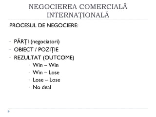 NEGOCIEREA COMERCIALĂ
INTERNAŢIONALĂ
PROCESUL DE NEGOCIERE:
- PĂRŢI (negociatori)
- OBIECT / POZIŢIE
- REZULTAT (OUTCOME)
- Win – Win
- Win – Lose
- Lose – Lose
- No deal
 