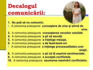Decalogul
comunicării:
1. Nu poţi să nu comunici.
2. A comunica presupune cunoaştere de sine şi stimă de
sine.
3. A comunica presupune cunoaşterea nevoilor celuilalt.
4. A comunica presupune a şti să asculţi.
5. A comunica presupune a înţelege mesaje.
6. A comunica presupune a da feed-back-uri.
7. A comunica presupune a înţelege procesualitatea unei
relaţii.
8. A comunica presupune a şti să îţi exprimi sentimentele.
9. A comunica presupune a accepta conflictele.
10. A comunica presupune asumarea rezolvării conflictelor.
 
