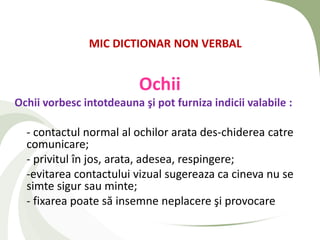 MIC DICTIONAR NON VERBAL


                          Ochii
Ochii vorbesc intotdeauna şi pot furniza indicii valabile :

  - contactul normal al ochilor arata des-chiderea catre
  comunicare;
  - privitul în jos, arata, adesea, respingere;
  -evitarea contactului vizual sugereaza ca cineva nu se
  simte sigur sau minte;
  - fixarea poate să insemne neplacere şi provocare
 