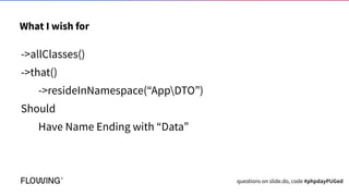 What I wish for
->allClasses()
->that()
->resideInNamespace(“AppDTO”)
->should()
Have Name Ending with “Data”
questions on...