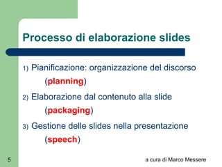 a cura di Marco Messere5
Processo di elaborazione slides
1) Pianificazione: organizzazione del discorso
(planning)
2) Elaborazione dal contenuto alla slide
(packaging)
3) Gestione delle slides nella presentazione
(speech)
 