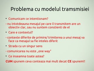 Problema cu modelul tramsmisiei

    Comunicam ce intentionam?
- nu intotdeauna mesajul pe care il transmitem are un
   obiectiv clar, sau nu suntem constienti de el

    Care e contextul?
- contexte diferite de primire/ trimiterea a unui mesaj va
   face ca mesajul sa fie inteles diferit

    Strada cu un singur sens
- comunicarea nu este „one way”

    Ce inseamna toate astea?
CUM spunem ceva conteaza mai mult decat CE spunem!!
 