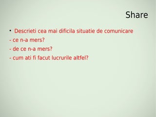 Share

    Descrieti cea mai dificila situatie de comunicare
- ce n-a mers?
- de ce n-a mers?
- cum ati fi facut lucrurile altfel?
 