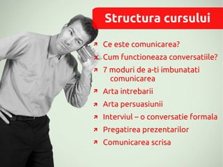 Structura cursului
Ce este comunicarea?
Cum functioneaza conversatiile?
7 moduri de a-ti imbunatati
  comunicarea
Arta intrebarii
Arta persuasiunii
Interviul – o conversatie formala
Pregatirea prezentarilor
Comunicarea scrisa
 
