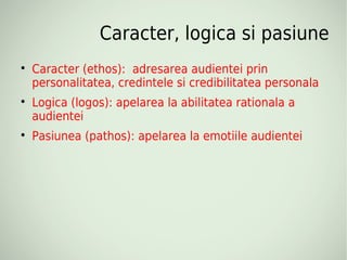Caracter, logica si pasiune

    Caracter (ethos): adresarea audientei prin
    personalitatea, credintele si credibilitatea personala

    Logica (logos): apelarea la abilitatea rationala a
    audientei

    Pasiunea (pathos): apelarea la emotiile audientei
 