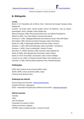 Programa de Comunicação em Francês Cursos Profissionais
TÉCNICO DE COMÉRCIO / TÉCNICO DE VENDAS
9
6. Bibliografia
Livros
Bizarro, R. e O. Figueiredo (s/d), Du Mot au Texte – Grammaire de la langue Française, Lisboa,
Edições Asa.
Conselho da Europa (2001), Quadro Europeu Comum de Referência para as Línguas -
aprendizagem, ensino, avaliação, Lisboa, Edições Asa.
Editions Françaises (1989), Petit Larousse Illustré, Paris, Les Editions Françaises Inc.
Mitchell, M. (2001), Pour Parler Affaires, Chancerel International.
Perrenoud, P. (1997), Pédagogie differenciée: des intentions à l’action, Paris, ESF Éditeur.
Porto Editora (1999), Dicionário de Verbos Franceses, Lisboa, Porto Editora.
Rainelli, M. (1998), A Organização Mundial do Comércio, Lisboa, Terramar.
Rousseau, J. (1997), Manual de Distribuição, Lisboa, Exame/Abril - Controljornal.
Rousseau, J. (2002), O que é a distribuição?, Cascais, Principia.
Samuelson, P. e William Nordhaus (1998), Economia, Lisboa, McGraw-Hill.
Santos, B. (2004), Novo Mercado Novo Consumidor, Lisboa, Prefácio.
Santos, B. e Artur Tomé (2003), Consumactor, Lisboa, Temas e Debates.
Truscott, S. et al (1994), Le Français à Grande Vitesse, Paris, Hachette Livre
Vecchide, G. (1992), Aider les élèves à apprendre, Paris, Hachette Education.
Publicações
GEPE, Novo comércio novos consumos (2003), Lisboa.
OCDE e GEPE, O futuro do dinheiro (2003), Lisboa.
Points de Vente, Bimensal, Paris.
Endereços da Internet
Centro Europeu do Consumidor – www.consumidor.pt/cec/
Conselho da Europa – www.coe.int
DECO – Associação Portuguesa para a Defesa do Consumidor – www.deco.proteste.pt
Outros recursos
Televisão
Vídeo
Leitor de Cassetes
Computador com acesso à internet
Folhetos informativos, catálogos,…
CD-ROM, vídeos e cassetes de áudio – Cursos de Francês
 