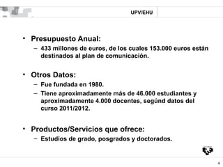 UPV/EHU




• Presupuesto Anual:
   – 433 millones de euros, de los cuales 153.000 euros están
     destinados al plan de ...