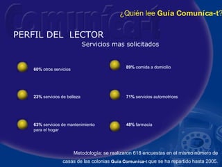 PERFIL DEL  LECTOR Servicios mas solicitados Metodología: se realizaron 618 encuestas en el mismo número de casas de las c...