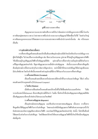 รูปที่ 3.12 ระบบดาวเทียม
               สัญญาณรบกวนและสภาพดินฟาอากาศก็นับวามีผลตอการสงขอมูลจากสถานีพื้นโลกกับ
ดาวเทียมอยูพอสมควร เพราะวาสภาพอากาศที่แปรปรวนจะรบกวนสัญญาณใหผิดเพี้ยนไปได โดยสวนใหญ
ดาวเทียมจะถูกออกแบบมาใหชดเชยการรบกวนของสภาพอากาศที่แปรปรวนเหลานั้นเชน ฝน หรือหมอก
เปนตน

          1.5 อุปกรณสําหรับการสื่อสาร
          การสื่อสารขอมูลดวยคอมพิวเตอรจําเปนตองอาศัยอุปกรณทางอิเล็คโทรนิกคชวยในการสงขอมูล จาก
ผูสงไปยังผูรับ ไมวาจะเปนการแปลงขอมูล เชน ขอความในกระดาษ รูปภาพ ที่ไมอยูในรูปสัญญาณทางไฟฟา
                                                                                       
ใหเปลี่ยนอยูในรูปสัญญาณไฟฟาหรือสัญญาณดิจิทัล อุปกรณในการสื่อสารยังรวมถึงอุปกรณที่ชวยในการ
               
แกปญหาสัญญาณออนกําลัง ปญหาสัญญาณรบกวนเมื่อมีการสงสัญญาณ ดังนั้นระบบการสื่อสารขอมูลจึง
ตองมีอุปกรณการสื่อสารมาชวยในการจัดการปญหาตางๆ เหลานี้เพื่อใหสามารถสงขอมูลไดอยางถูกตองและ
มีประสิทธิภาพ โดยในหัวขอนี้จะขอยกตัวอยางอุปกรณที่มีการใชกับมากในระบบการสื่อสารขอมูล
                   1. เครื่องเทอรมินอล (Terminal)
                   เปนเครื่องคอมพิวเตอรตนทางหรือปลายทางที่ทําหนาที่ในการสงและรับขอมูล ไดแก เครื่อง
คอมพิวเตอรสวนบุคคลทั่วๆไป (Personal Computer)
                 
                   2. โมเด็ม (Modem)
                   เมื่อตองการเชือมตอเครื่องคอมพิวเตอรตวหนึ่งที่ไมไดเชือมตอกับระบบเครือขาย
                                  ่                       ั                 ่                       ไปยัง
ระบบอินเทอรเน็ต(Internet) ตองอาศัยอุปกรณที่เรียกวา โมเด็ม ซึ่งทําหนาที่แปลงสัญญาณจากสัญญาณดิจิทัล
เปนสัญญาณอนาล็อกแลวสงผานไปตามระบบโทรศัพท
                   3. เครื่องทวนสัญญาณ (Repeater)
                   เปนอุปกรณทบทวนสัญญาณ และปองกันการขาดหายของสัญญาณ เนื่องจาก การสื่อสาร
ขอมูลตองใชสัญญาณไฟฟาในการรับสงขอมูล โดยตามปรกติเมื่อสัญญาณทางไฟฟาเดินทางจากจุดๆหนึ่งไป
ยังปลายทางจะเกิดการสูญเสียแรงดันทางไฟฟา และสงผลใหสัญญาณเกิดอออนกําลัง ดังนั้น จึงจําเปนตองมี
รีพีตเตอรมาชวยในการรับสงขอมูล โดยรีพีตเตอรทําหนาที่ทบทวนสัญญาณไฟฟาขึนใหมใหเหมือนสัญญาณ
                                                                                     ้
เดิมที่ถูกสง
 