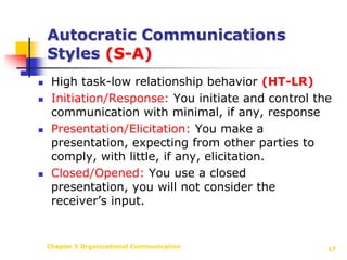 Chapter 5 Organizational Communication17Autocratic Communications Styles (S-A)High task-low relationship behavior (HT-LR)Initiation/Response: You initiate and control the communication with minimal, if any, responsePresentation/Elicitation: You make a presentation, expecting from other parties to comply, with little, if any, elicitation.Closed/Opened: You use a closed presentation, you will not consider the receiver’s input.
