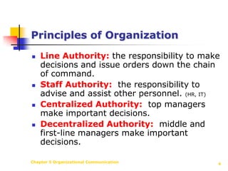 Chapter 5 Organizational Communication4Principles of OrganizationLine Authority: the responsibility to make decisions and issue orders down the chain of command.   Staff Authority:  the responsibility to advise and assist other personnel. (HR, IT)Centralized Authority:  top managers make important decisions.Decentralized Authority:  middle and first-line managers make important decisions.