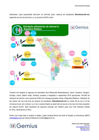 Comunicat de presa 
utilizatoare, topul popularitatii site-urilor se schimba putin, reteaua de socializare Odnoklassniki.md, 
regasindu-se aici pe primul loc cu un procent de 65% reach. 
Trecand mai departe la regiunea de dezvoltare Sud (Raioanele Basarabeasca, Cahul, Cantemir, Căuşeni, 
Cimişlia, Leova, Ştefan Vodă, Taraclia), aceasta a inregistrat in septembrie 2014 aproximativ 145.000 de 
utilizatori de internet, care reprezinta 9.92% din intreaga populatie online a Republicii Moldova. Utilizatorii de 
aici petrec cel mai mult timp pe reteaua de socializare Odnoklassniki.md (in medie 28 de ore si 33 de 
minute pe luna), prin urmare, nu e nici o surpriza faptul ca acest site se bucura si de cea mai mare acoperire 
din regiune 63,5%. Spre deosebire de regiunea centrala, aici intalnim putin mai multi utilizatori barbati 
(5.16%), decat femei (4.76%). 
Pentru mai multe date si analize in detaliu, puteti contacta Biroul de Audit al Tirajelor și Internetului (BATI) 
(office@bati.md) sau Gemius Research (contact@gemius.ro). 
Pentru mai multe informatii: 
Iulia Pop 
iulia.pop@gemius.com 
Stanislav Popov 
Office@bati.md 
 