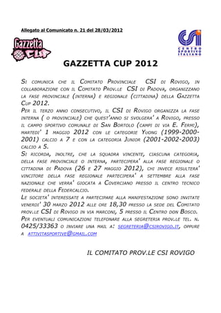 Comunicato n. 21 del 28 03-2012