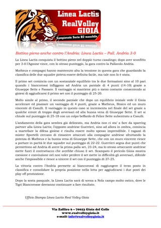 Bottino pieno anche contro l’Andria: Linea Lactis – Pall. Andria 3-0
La Linea Lactis conquista il bottino pieno nel doppio...