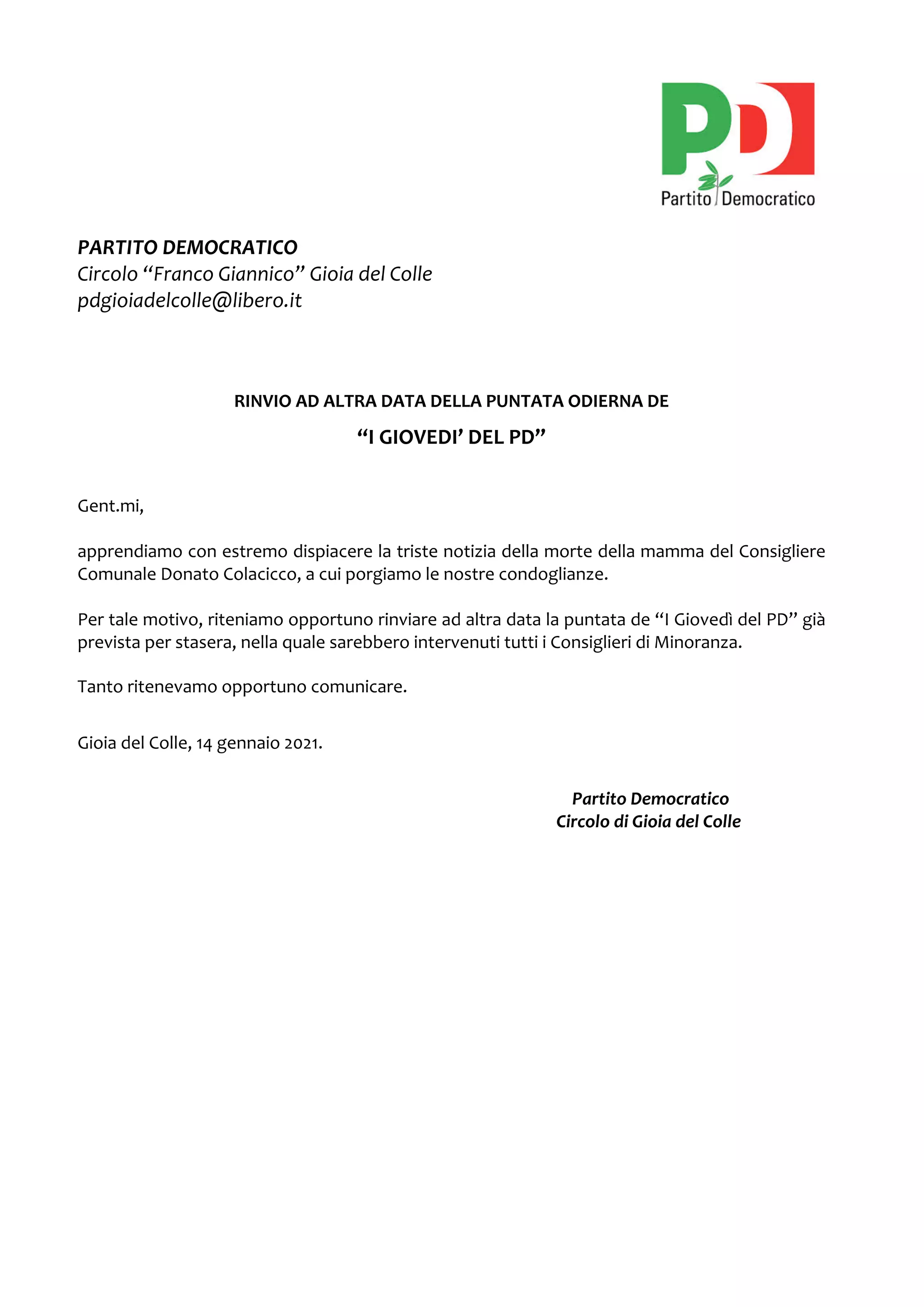 Comunicato rinvio incontro