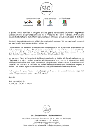 SIC! ProgettAzioni Culturali – Associazione Culturale
c/o Gualberto Giandomenico - III trav. Giovanni XXIII, 7B – 70023 Gi...