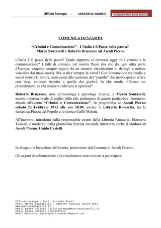 Comunicato stampa   marco santarelli e roberta bruzzone, crimini e comunicazione ad ascoli piceno