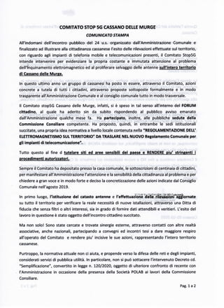 Comunicato stampa del Comitato Stop 5 G Cassano