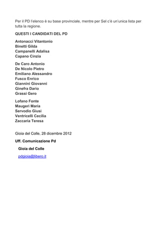 Per il PD l’elenco è su base provinciale, mentre per Sel c’è un’unica lista per
tutta la regione.

QUESTI I CANDIDATI DEL PD

Antonacci Vitantonio
Binetti Gilda
Campanelli Adalisa
Capano Cinzia

De Caro Antonio
De Nicolo Pietro
Emiliano Alessandro
Fusco Enrico
Giannini Giovanni
Ginefra Dario
Grassi Gero

Lofano Fonte
Maugeri Maria
Servodio Giusi
Ventricelli Cecilia
Zaccaria Teresa


Gioia del Colle, 28 dicembre 2012

Uff. Comunicazione Pd

 Gioia del Colle

 pdgioia@libero.it
 