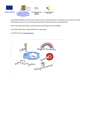 UNIUNEA EUROPEANĂ      GUVERNUL ROMÂNIEI           Fondul Social European   InstrumenteStructurale
                    MINISTERUL MUNCII, FAMILIEI,         POS DRU                   2007 - 2013
                      PROTECŢIEI SOCIALE ȘI              2007-2013
                     PERSOANELOR VĂRSTNICE
                            AMPOSDRU



          oportunitatile oferite de Piata Interna. Aceste servicii includ promovarea si dezvoltarea unor retele de schimb
          de informatii, precum si a unor instrumente specifice de informare pentru anumite domenii.

          Pentru informații suplimentare, vă puteți adresa Secretariatului Tehnic al Rețelei

          Dl. Cristian Alexandrescu, Expert informare și comunicare

          Tel. 0726 32 55 31, www.imipqnet.ro
 