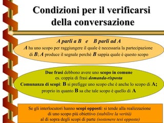 Condizioni per il verificarsiCondizioni per il verificarsi
della conversazionedella conversazione
A parli a B e B parli ad A
A ha uno scopo per raggiungere il quale è necessaria la partecipazione
di B; A produce il segnale perché B sappia quale è questo scopo
Due frasi debbono avere uno scopo in comune
es. coppia di frasi domanda-risposta
Comunanza di scopi: B si prefigge uno scopo che è anche lo scopo di A;
proprio in quanto B sa che tale scopo è quello di A
Se gli interlocutori hanno scopi opposti: si tende alla realizzazione
di uno scopo più obiettivo (stabilire la verità)
al di sopra degli scopi di parte (sostenere tesi opposte)
 
