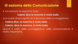 III assioma della Comunicazione
 Ad esempio la seguente frase:
Valeria dice la mamma è molto bella
può avere diversi significati a seconda della punteggiatura:
• Valeria dice: la mamma è molto bella
• Valeria, dice la mamma, è molto bella
Quindi il ruolo della punteggiatura nella comunicazione è
molto importante.
18
 