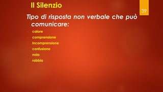 39
Il Silenzio
Tipo di risposta non verbale che può
comunicare:
• calore
• comprensione
• incomprensione
• confusione
• noia
• rabbia
 